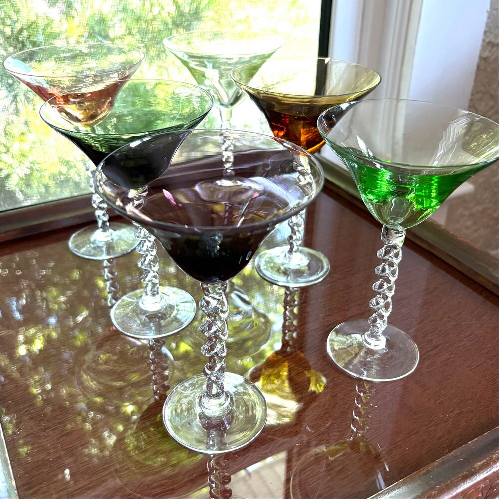 Hand Blown Multicolor Martini Glasses Set of 6 Twisted Stems
